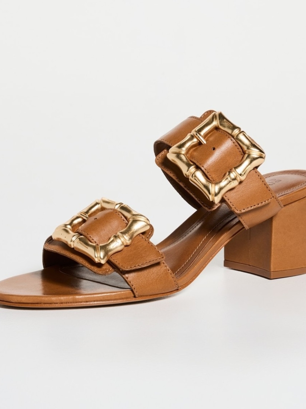 Shutz Tan Leather Block Heel Sandal with Gold Buckles 11